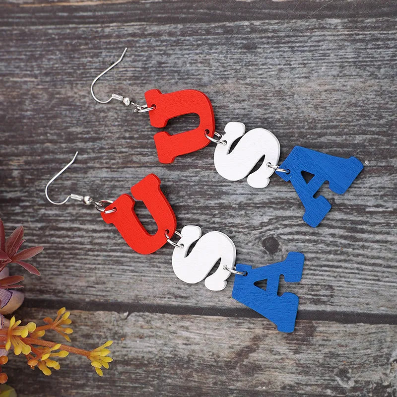 USA Wooden Letter Dangle Earrings - alternate earring view