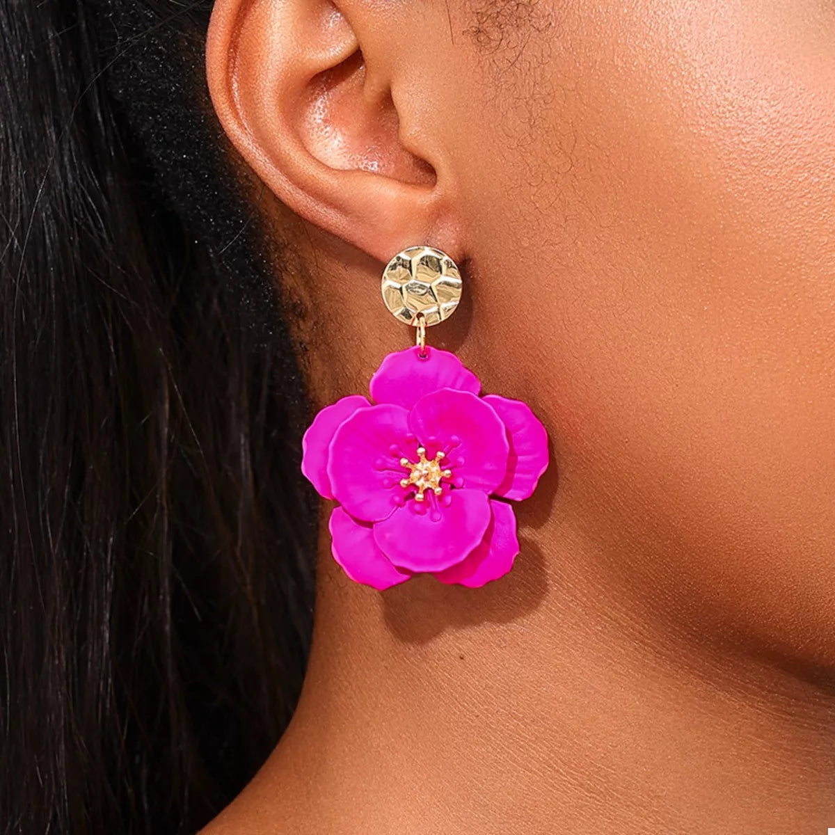 Floral Statement Drop Earrings with Gold Accent in Rose Red - women's drop earrings