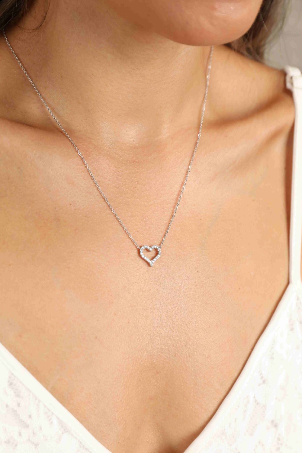 Adored Moissanite Platinum-Plated Heart Necklace in Silver - women's necklace