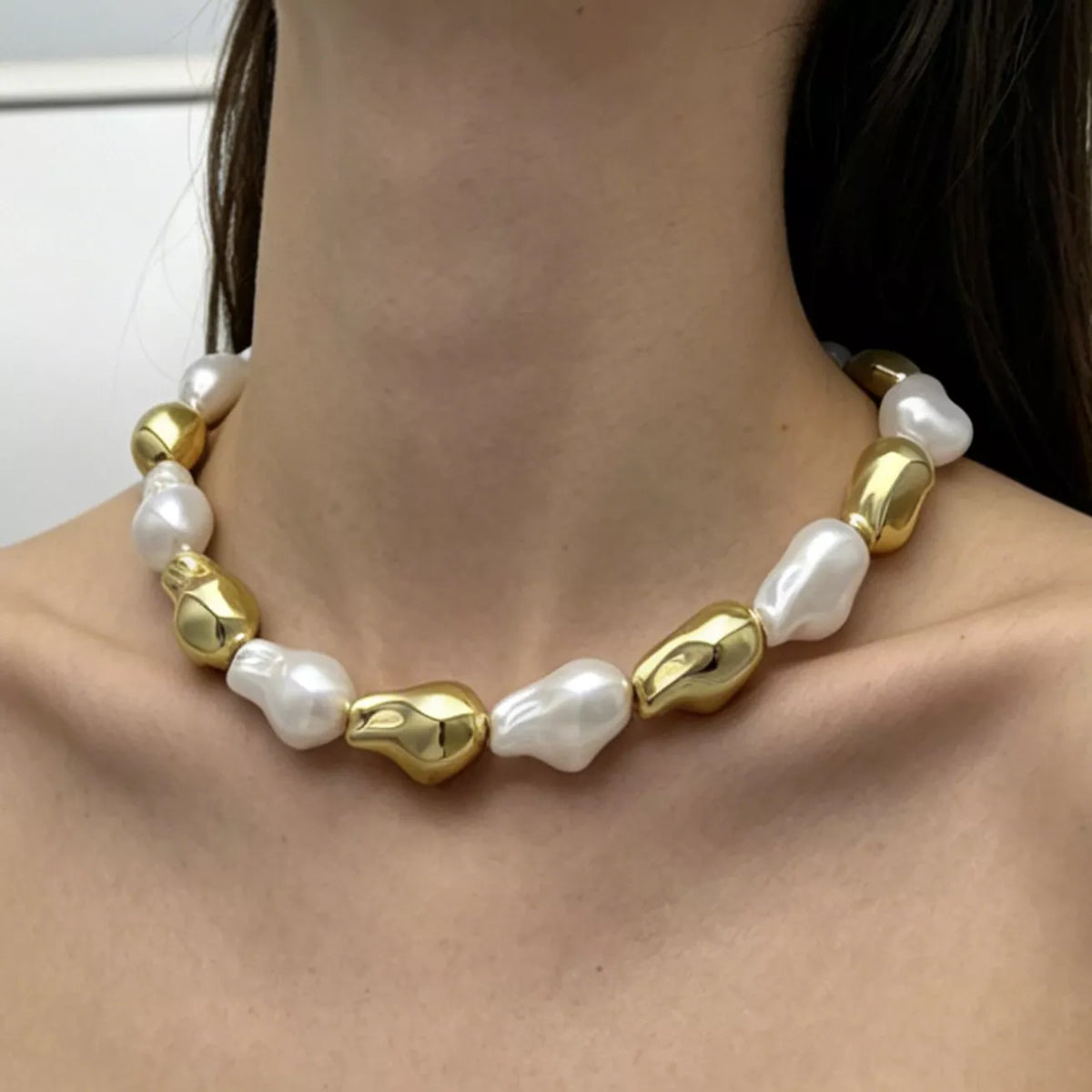 Chic Synthetic Pearl and Gold-Tone Metal Bead Statement Necklace - alternate necklace view
