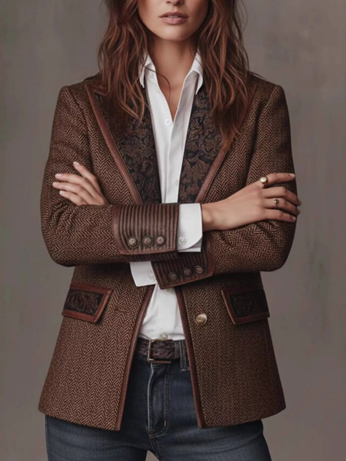 Full Size Lapel Collar Slim Fit Blazer Plus Size in Brown - Blossom's