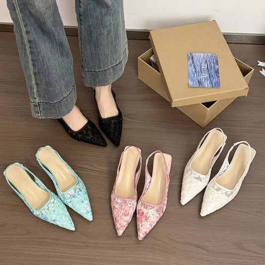 Lace Pointed-Toe Slingback Pumps in Black - women's heels