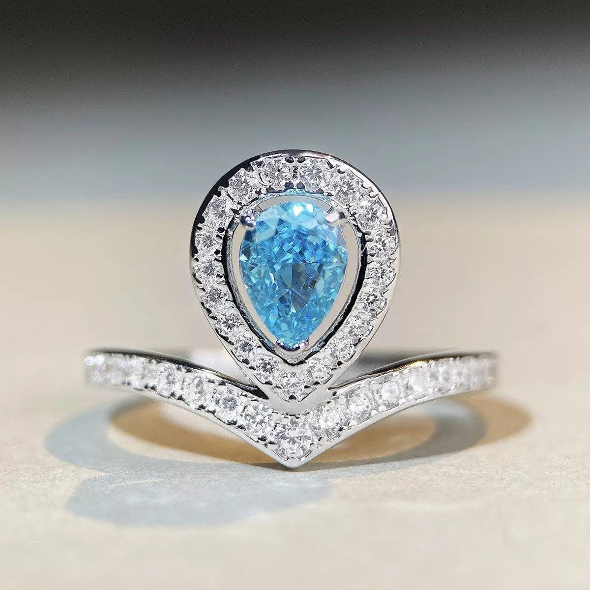 Sterling Silver Zircon Teardrop Ring in Mint Blue - women's ring