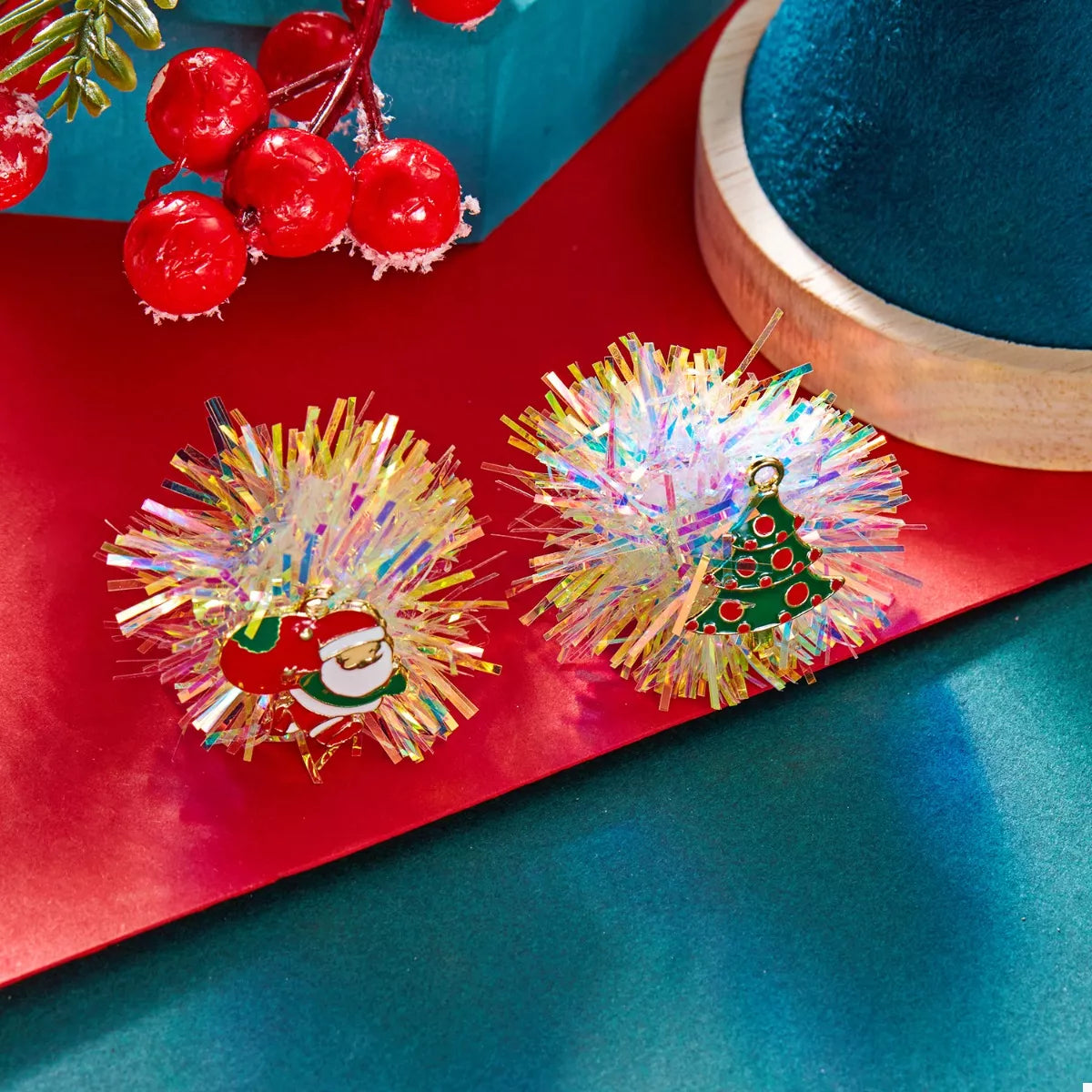 Christmas Asymmetrical Tinsel Ball Earrings - alternate earring view