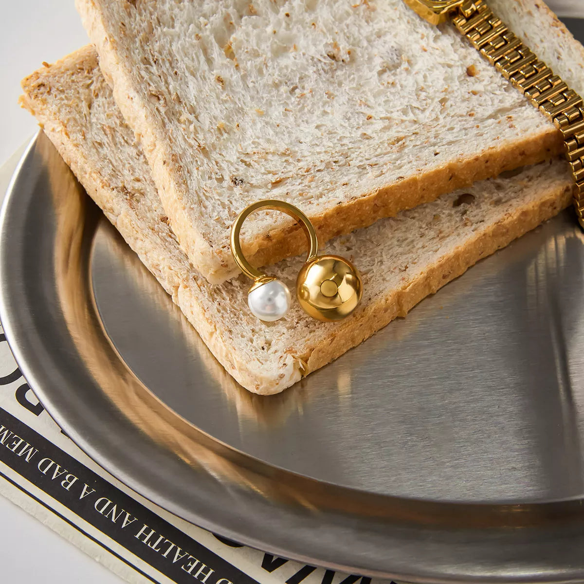 18K Gold-Plated Orb & Pearl Open Ring - alternate ring view