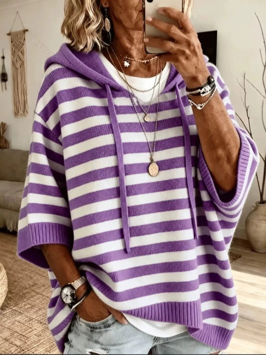 Casual Striped Hooded Knit Sweater in Purple - women's hooded sweater