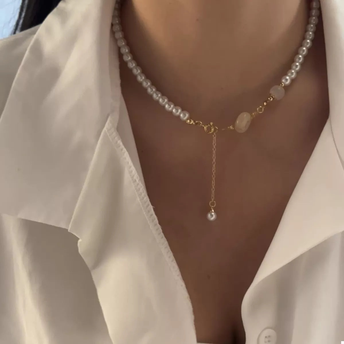 Synthetic Pearl 18K Gold-Plated Resin Pendant Necklace - alternate necklace view