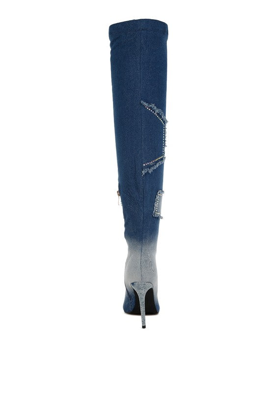 Rhinestones Knee High Denim Boots