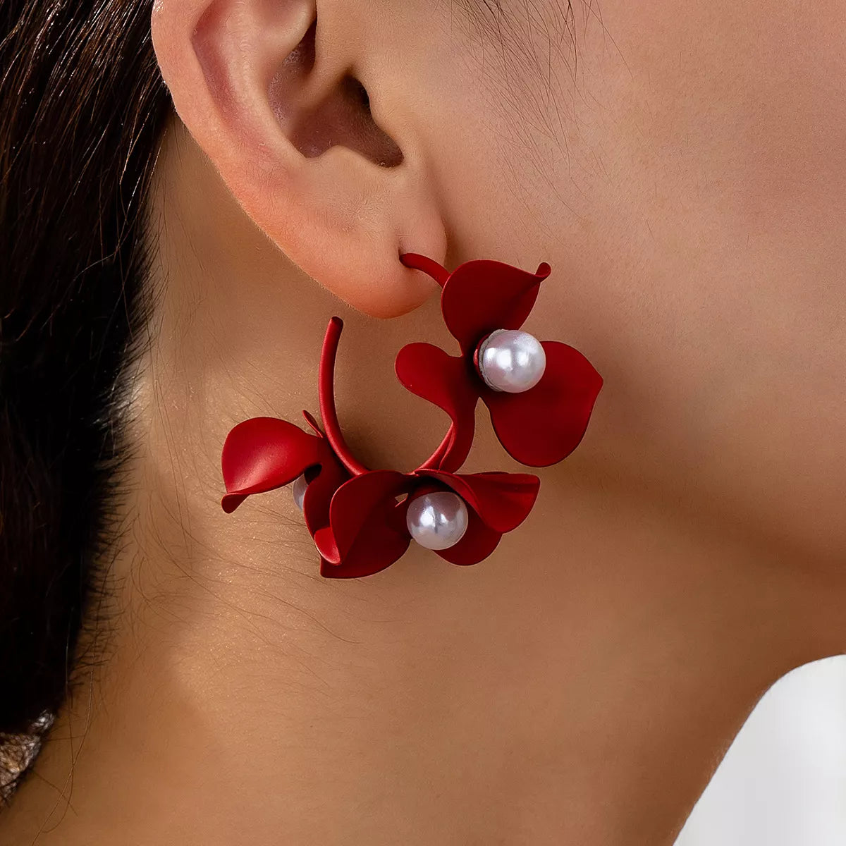 Floral Pearl Hoop Earrings in Red - women's hoop earrings