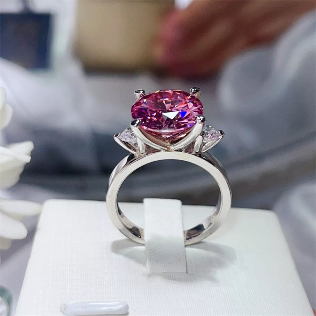5 Carat Moissanite Sterling Silver Ring in Pink - women's ring