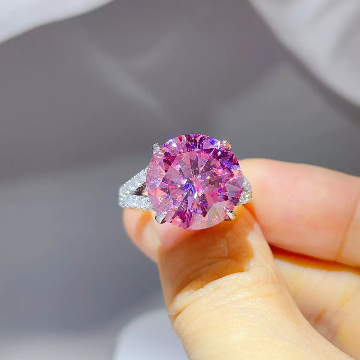 10 Carat Moissanite Sterling Silver Ring in Pink - women's ring