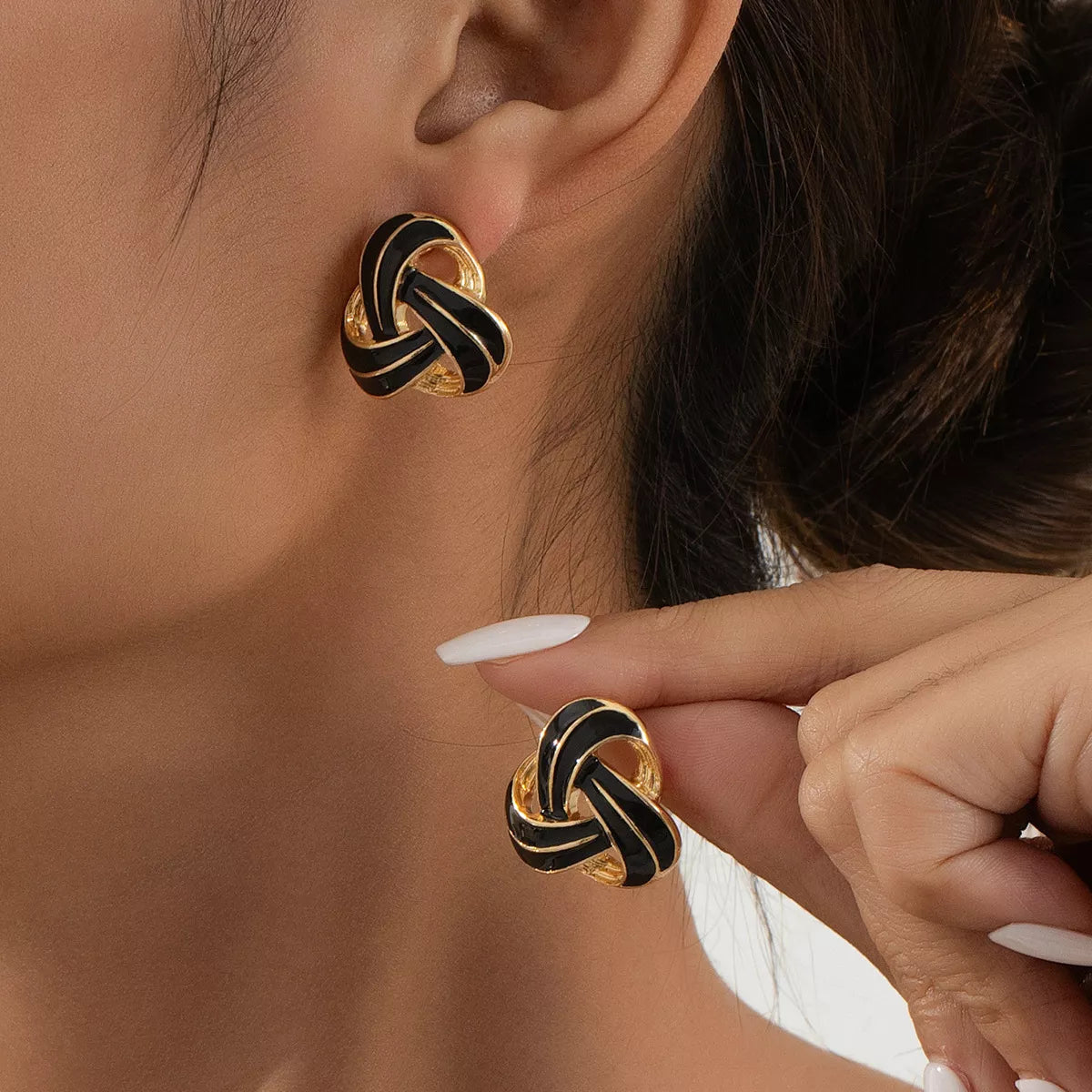 Twisted Knot Geometric Stud Earrings in Black - women's stud earrings