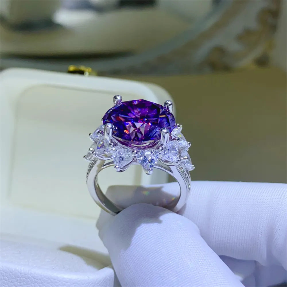 10 Carat Moissanite Sterling Silver Flower Shape Ring in Deep Purple - women's ring