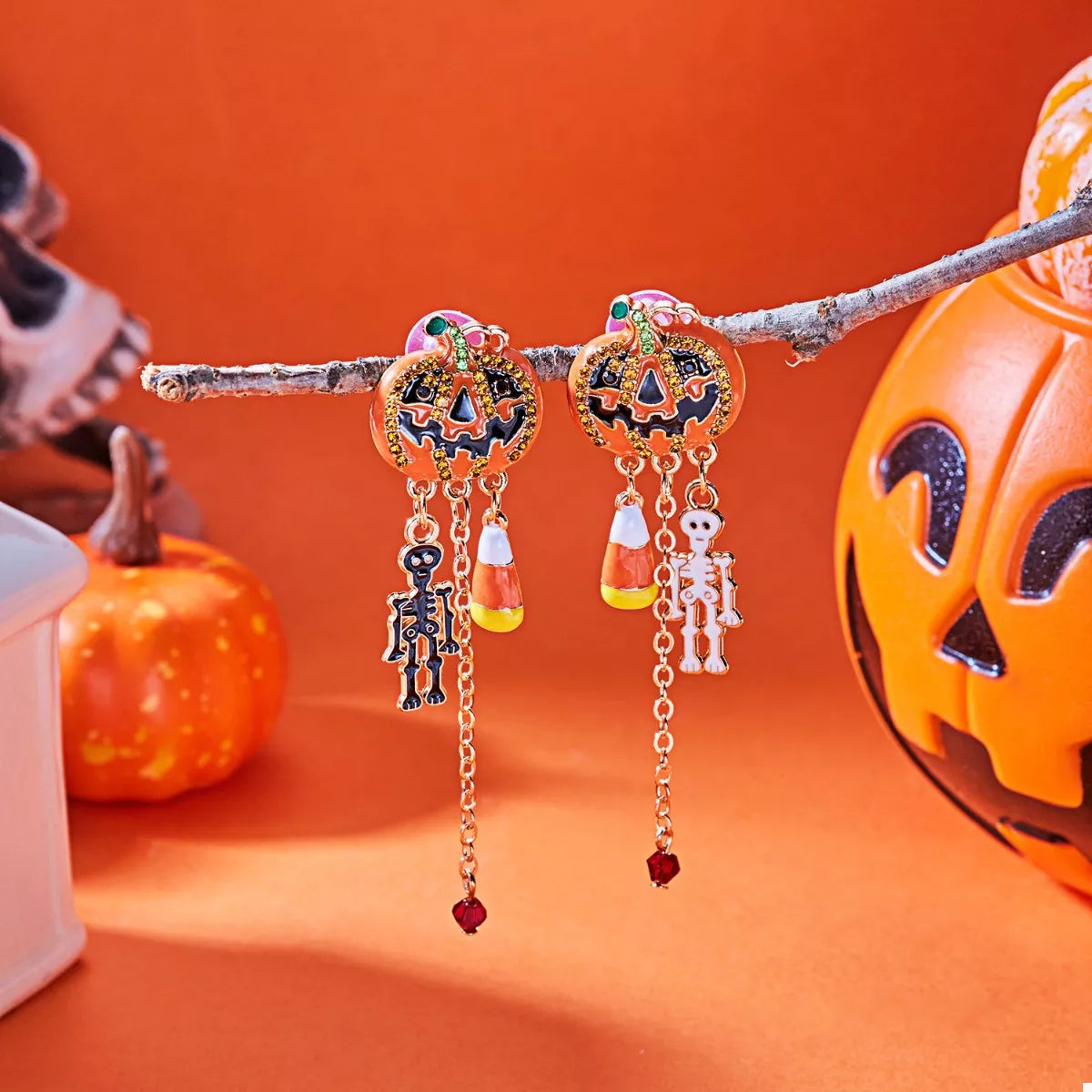 Halloween Pumpkin Drop Chain Earrings - alternate earring view