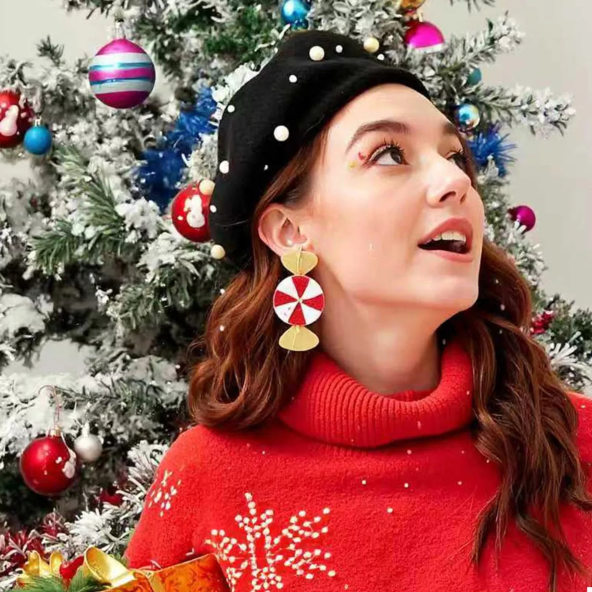 Christmas Candy Drop Earrings in Gold - women's drop earrings