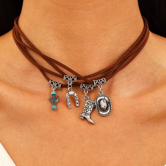 Western Style Four-Layered Charm Necklace in Silver - women's layered necklace
