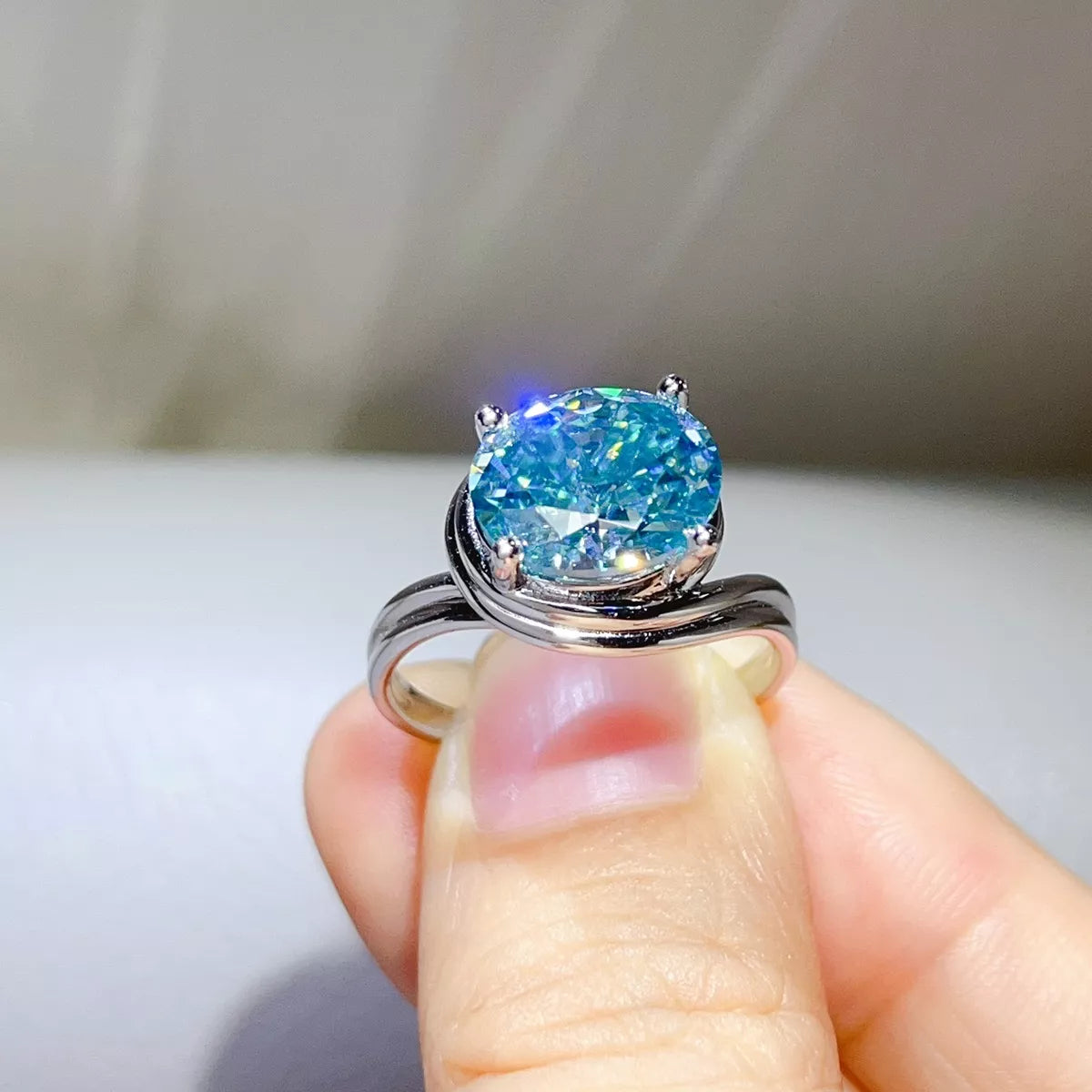 5 Carat Sterling Silver Moissanite Ring in Pastel Blue - women's ring