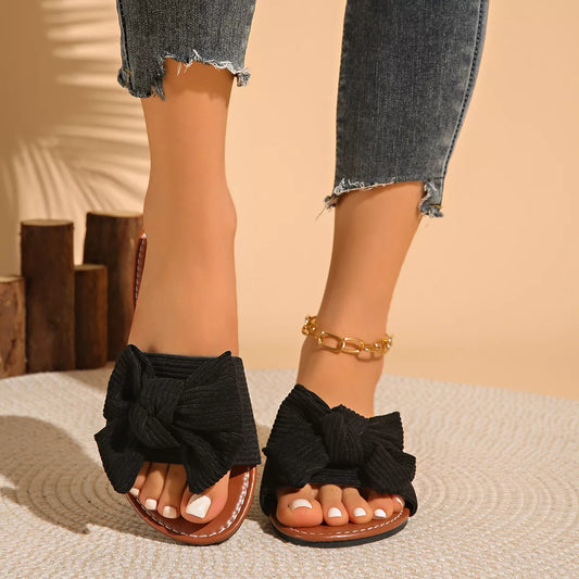Bow Knot Decor Flat Sandals in Black - women's flat sandals