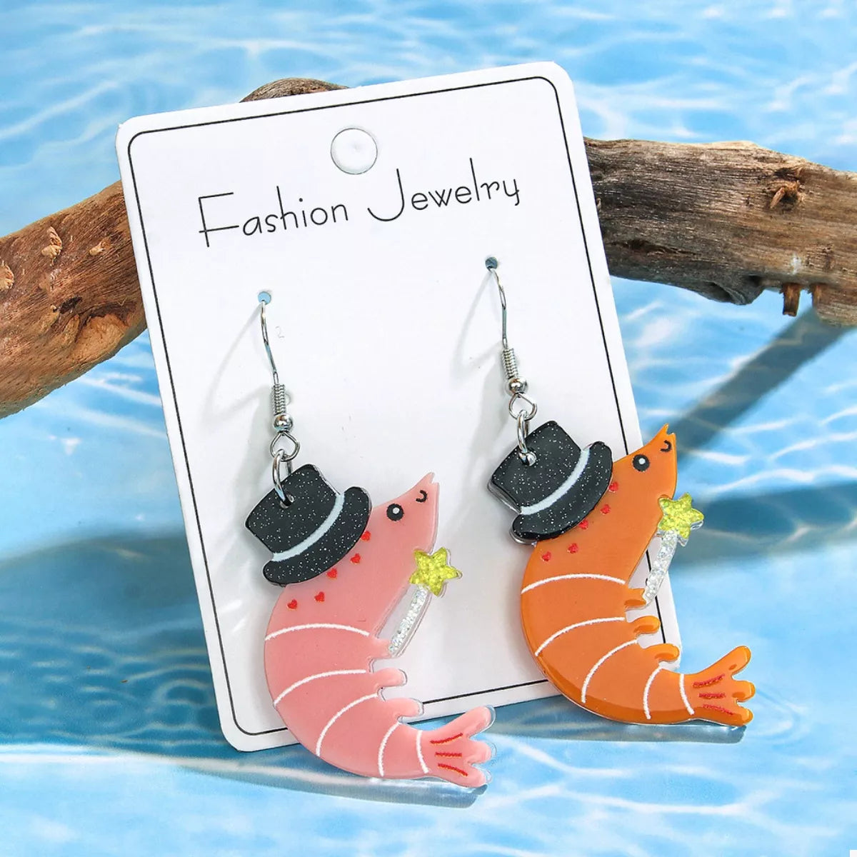 Whimsical Shrimp Earrings with Top Hats - alternate earring view