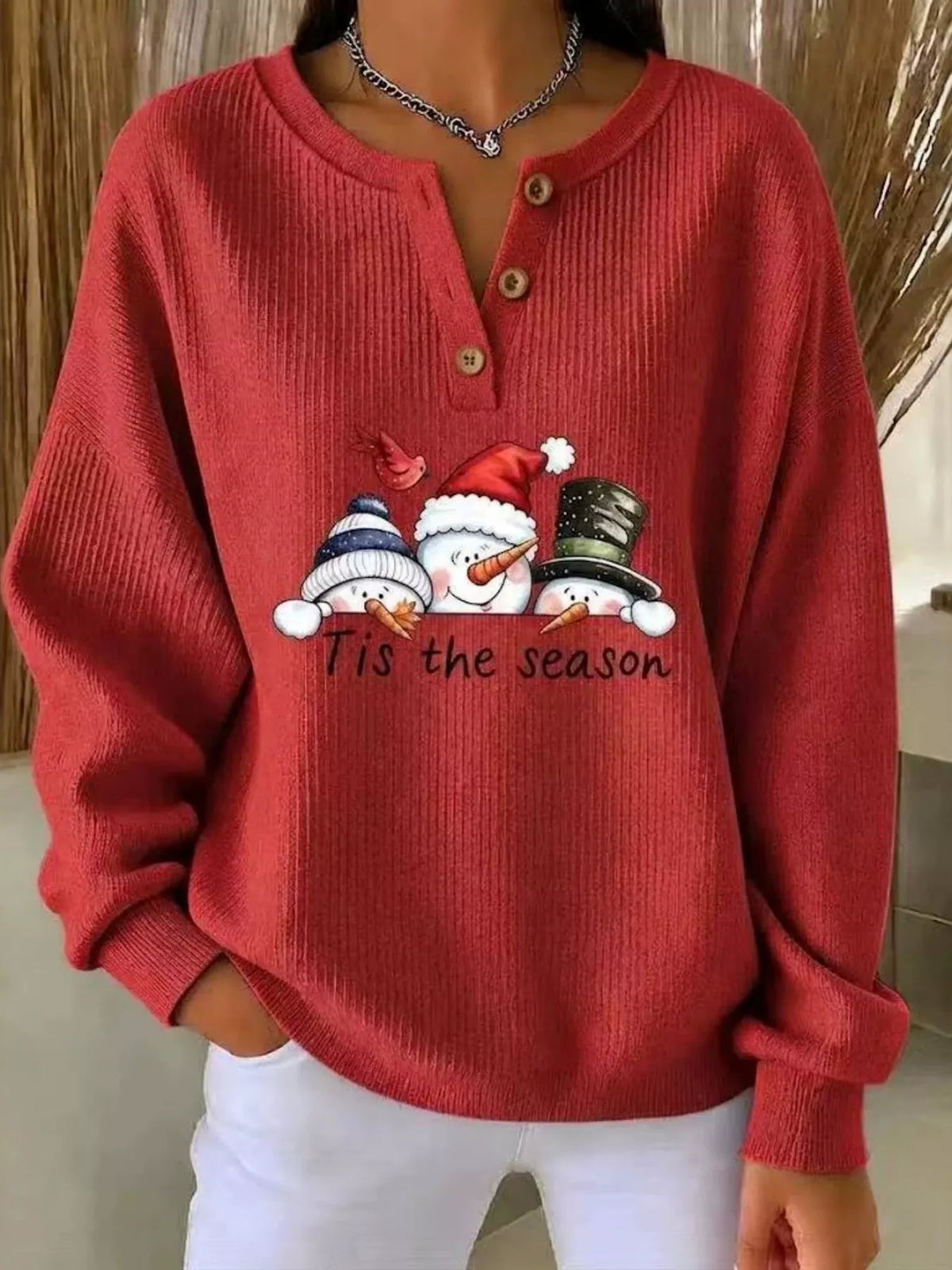 Christmas Themed Snowman Graphic Ribbed Henley Sweatshirt in Turquoise - women's sweatshirt