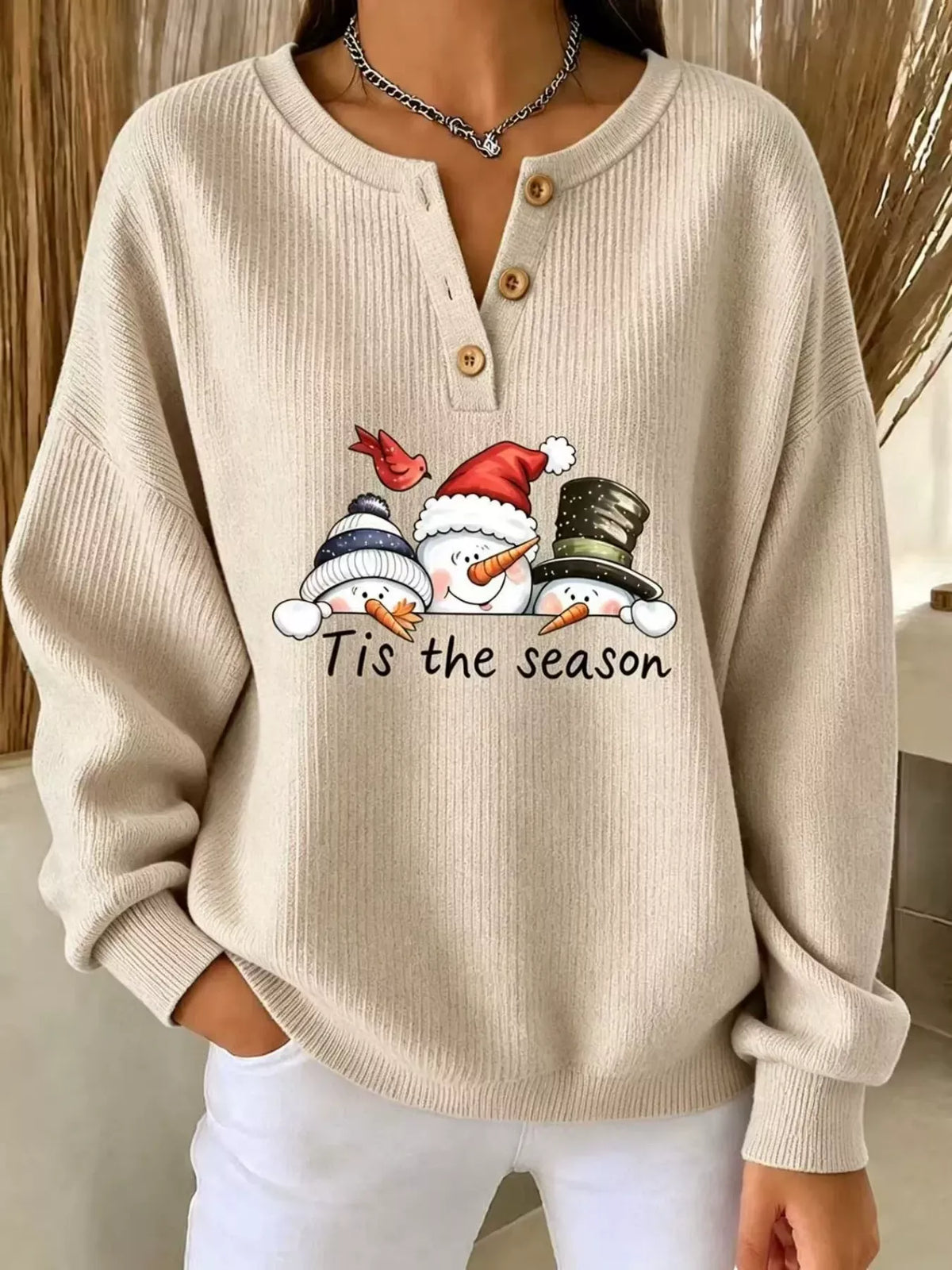 Christmas Themed Snowman Graphic Ribbed Henley Sweatshirt in Scarlet - women's sweatshirt