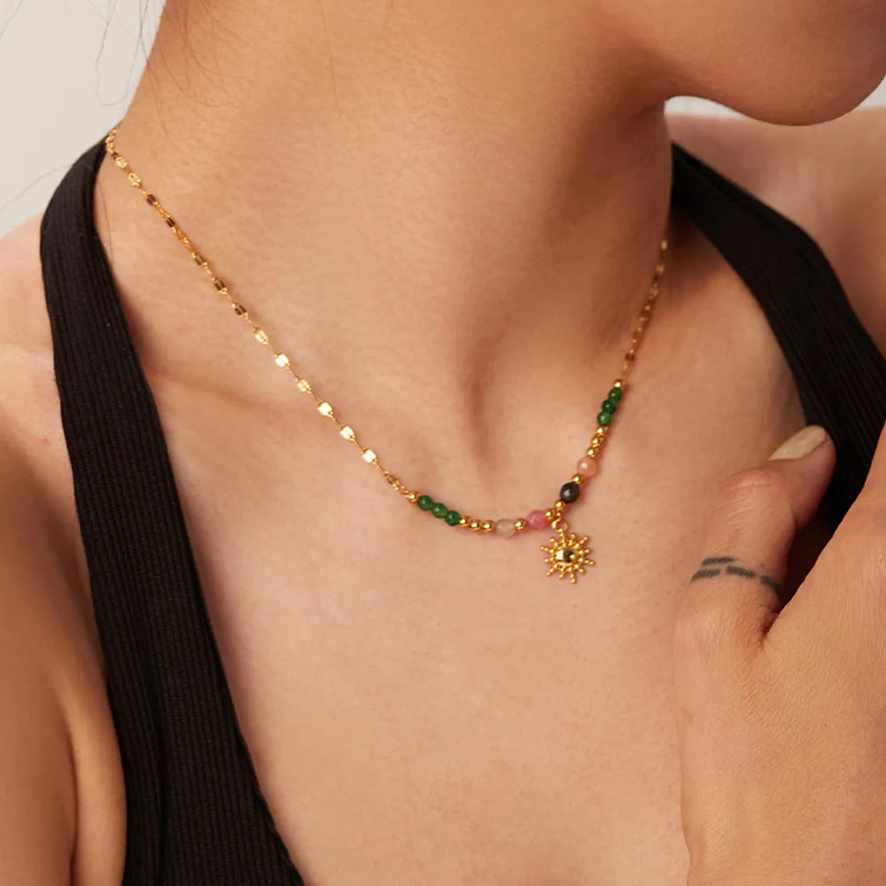 Bohemian Sun Charm Beaded Stainless Steel Necklace - alternate necklace view