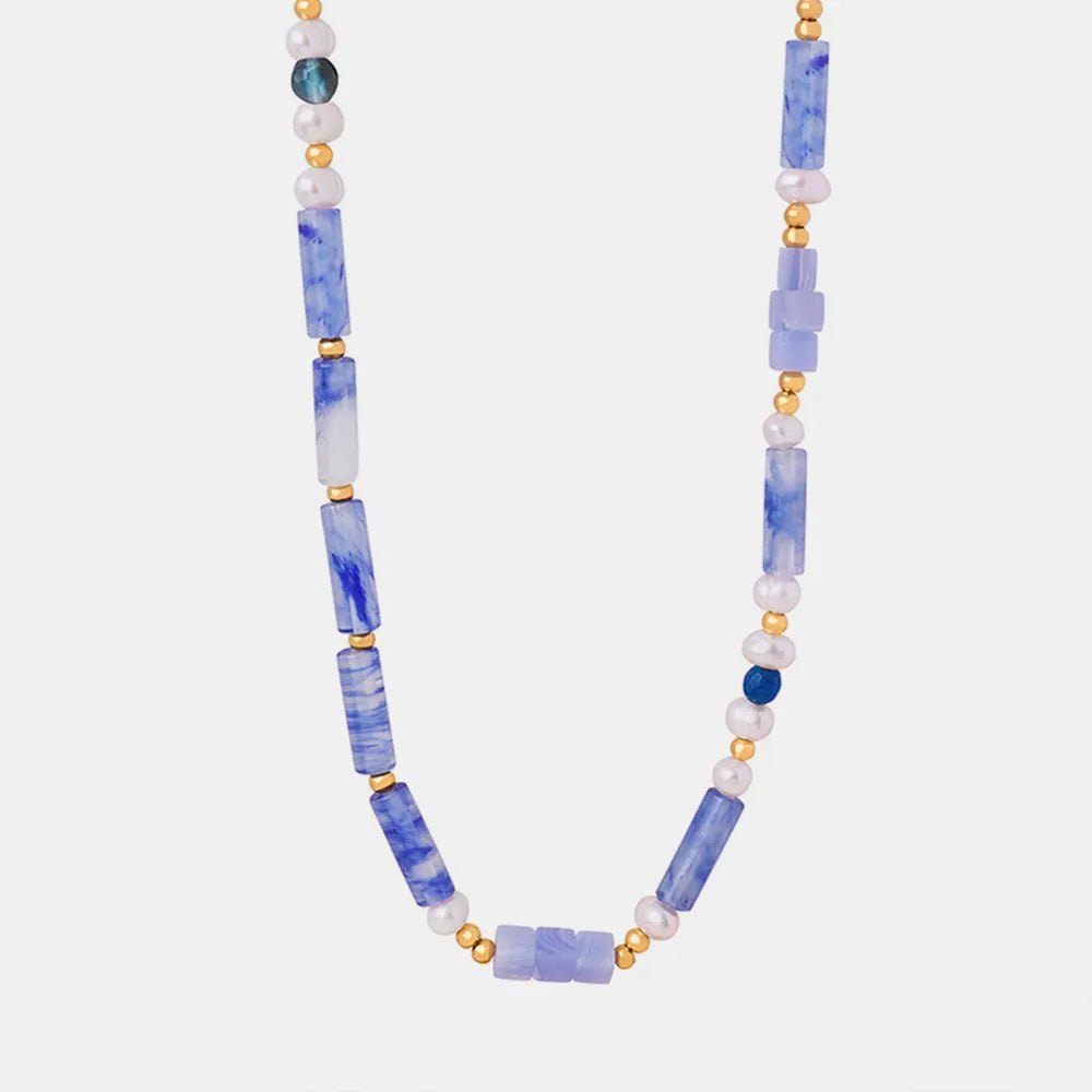 Freshwater Pearl Titanium Steel Geometric Bead Necklace - alternate necklace view