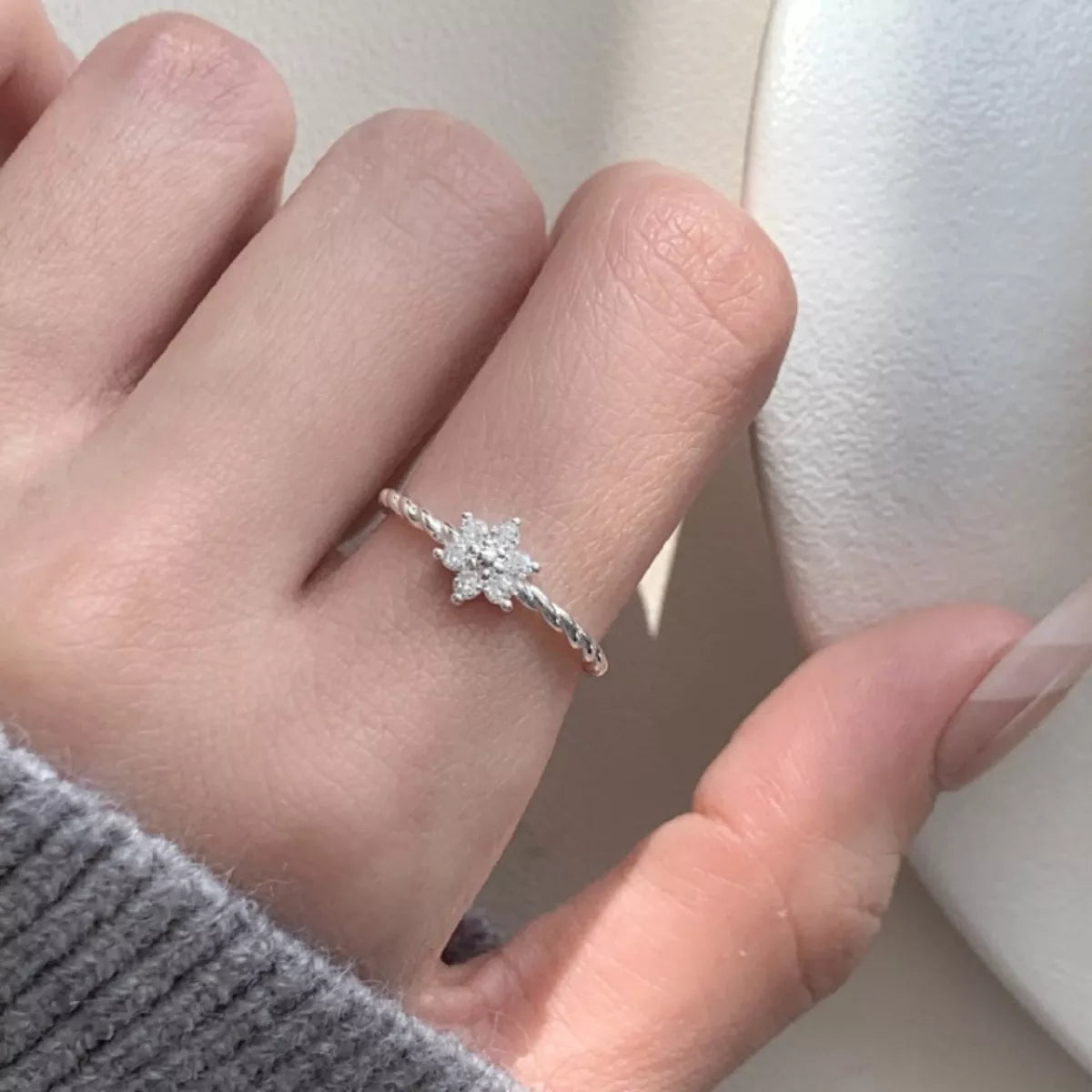Sterling Silver Zircon Flower Open Ring in Silver - women's open ring