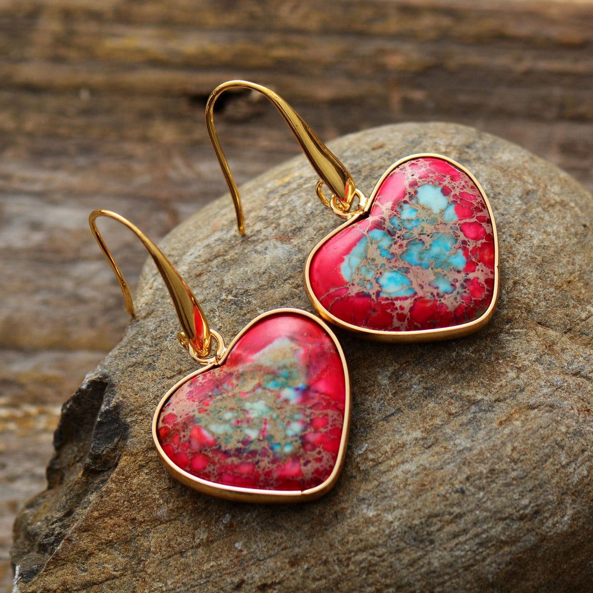 Natural Stone Heart Drop Earrings - alternate earring view