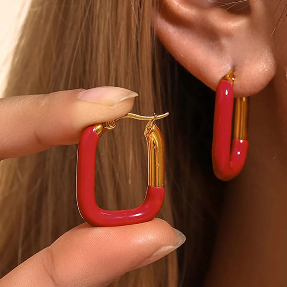 Stainless Steel Drip Oil Contrast Earring in Red/Silver - women's earrings