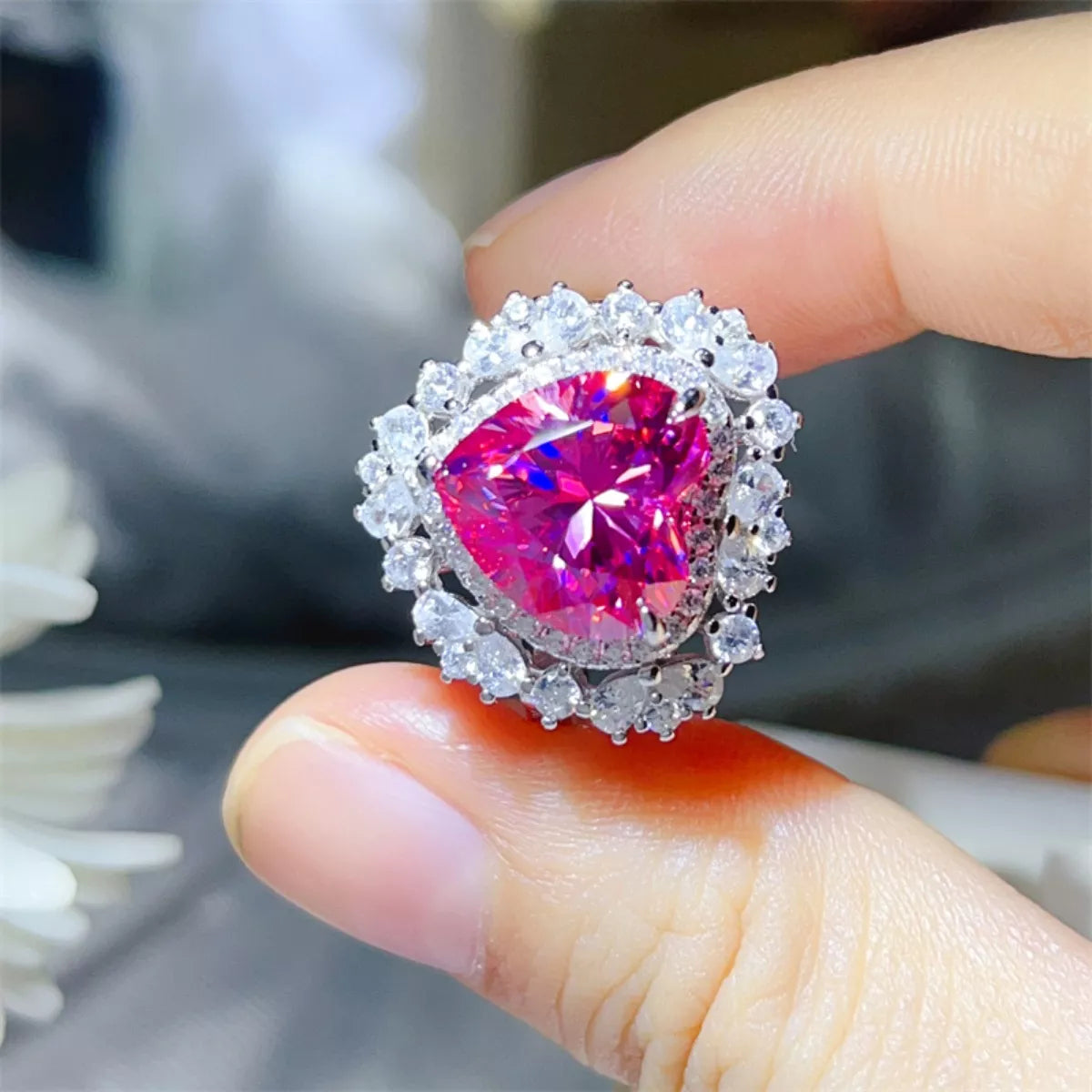 5 Carat Moissanite Sterling Silver Heart-Shaped Ring in Pink - women's ring