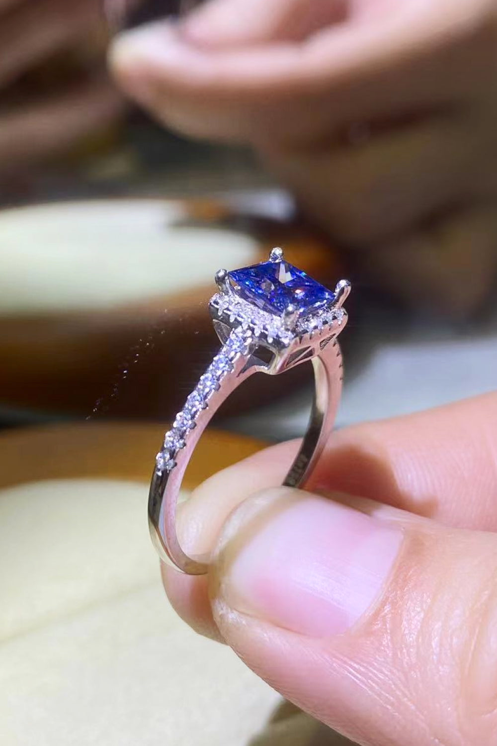 1 Carat Moissanite Sterling Silver Square Ring in Blue - women's ring