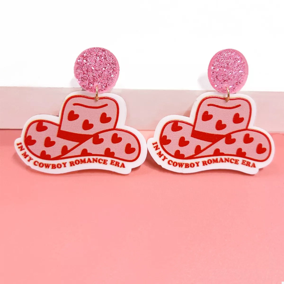 Cowboy Hat Dangle Earrings with Heart Accents - alternate earring view