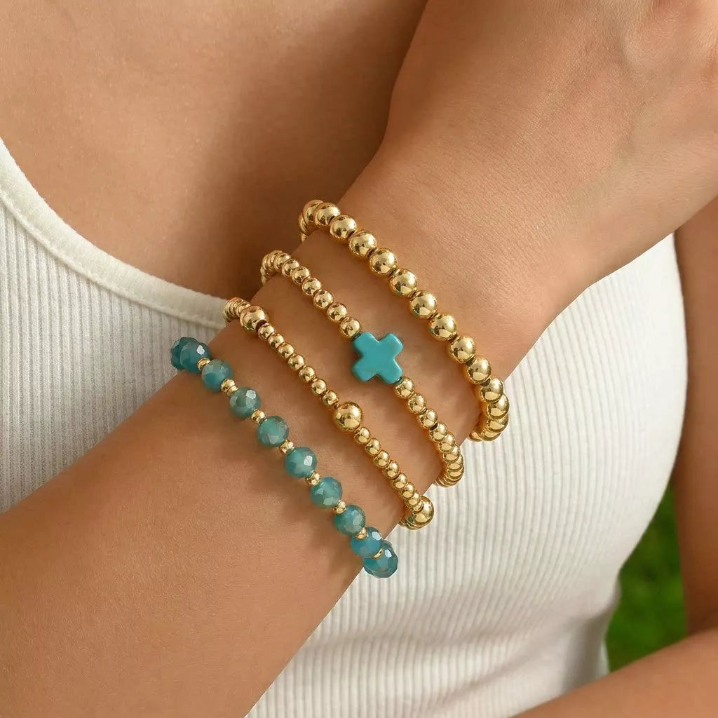 4 Piece Bead Bracelet Set with Cross Charm in Teal - women's charm bracelet