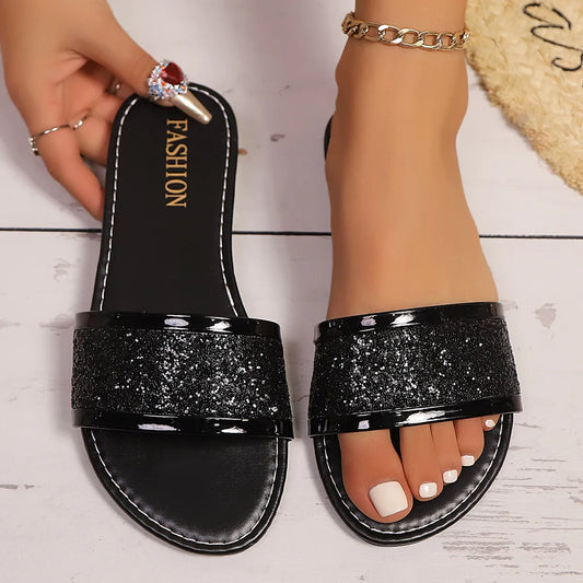 Glitter Open-Toe Flat Sandals in Black - women's flat sandals