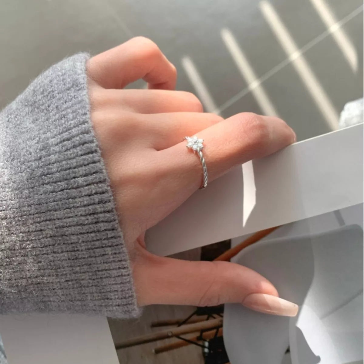 Sterling Silver Zircon Flower Open Ring - alternate ring view