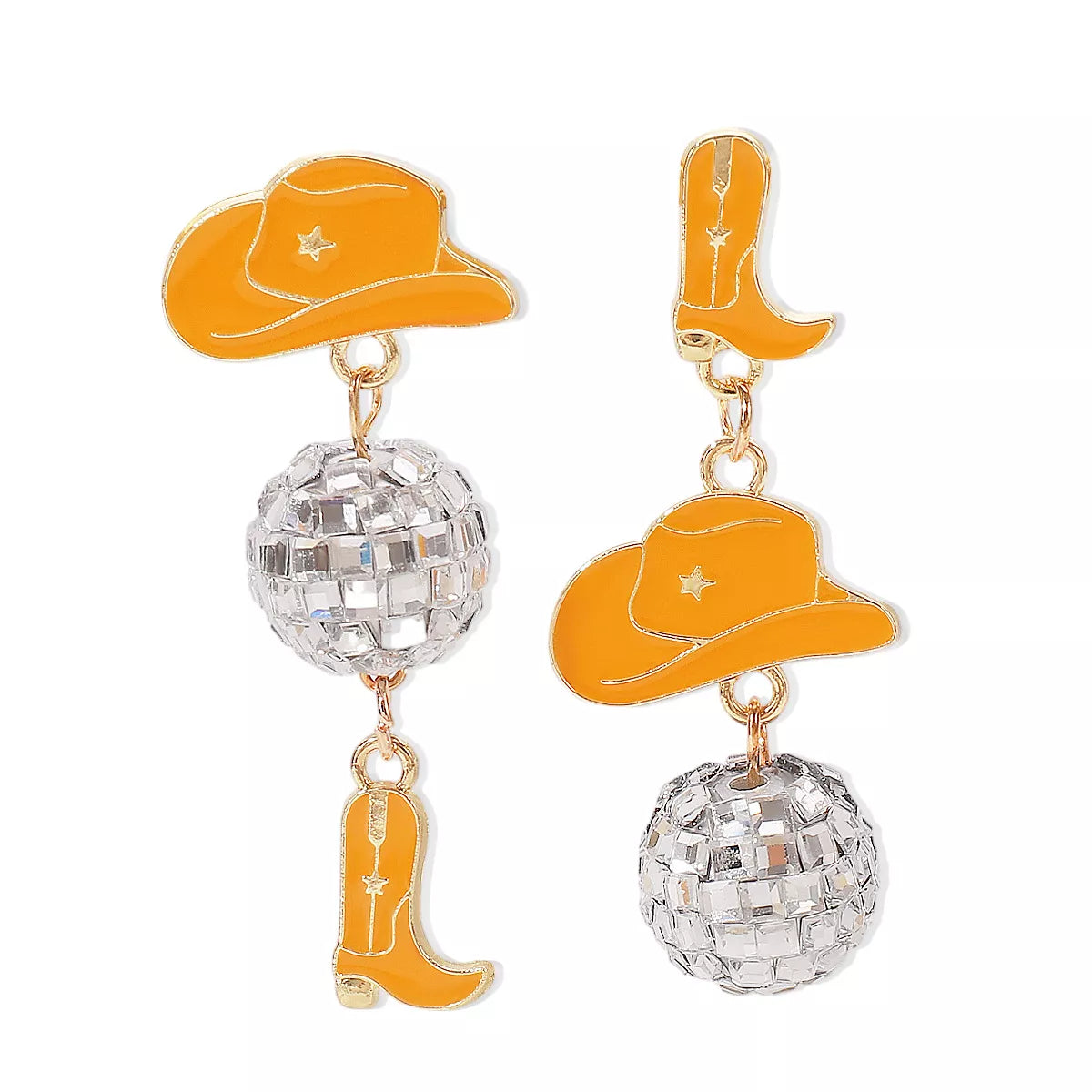 Asymmetrical Cowgirl Boot Hat Ball Dangle Earrings - alternate earring view