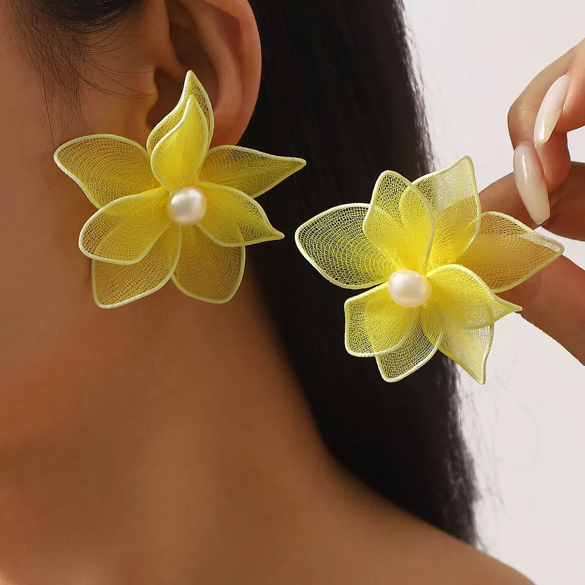 Flower Pearl Stud Earrings in Yellow - women's stud earrings