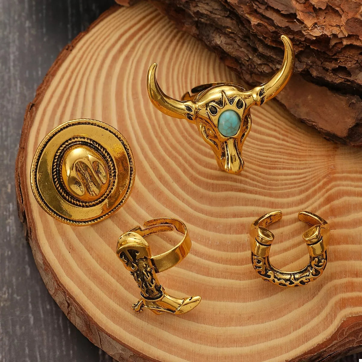 4 Piece Vintage Western Style Bull Head Rings - alternate ring view