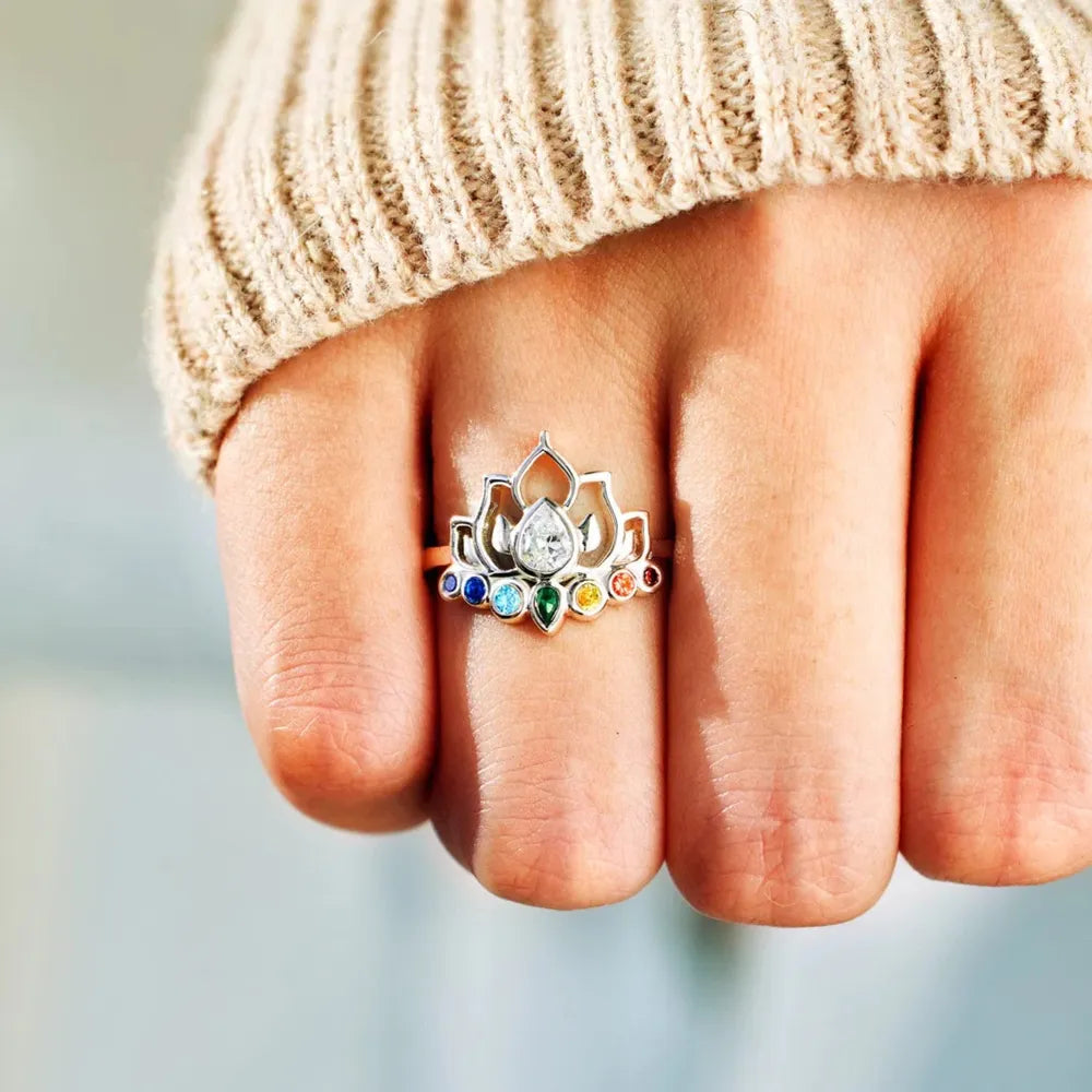 Sterling Silver Inlaid Zircon Lotus Shape Ring in Silver - women's ring