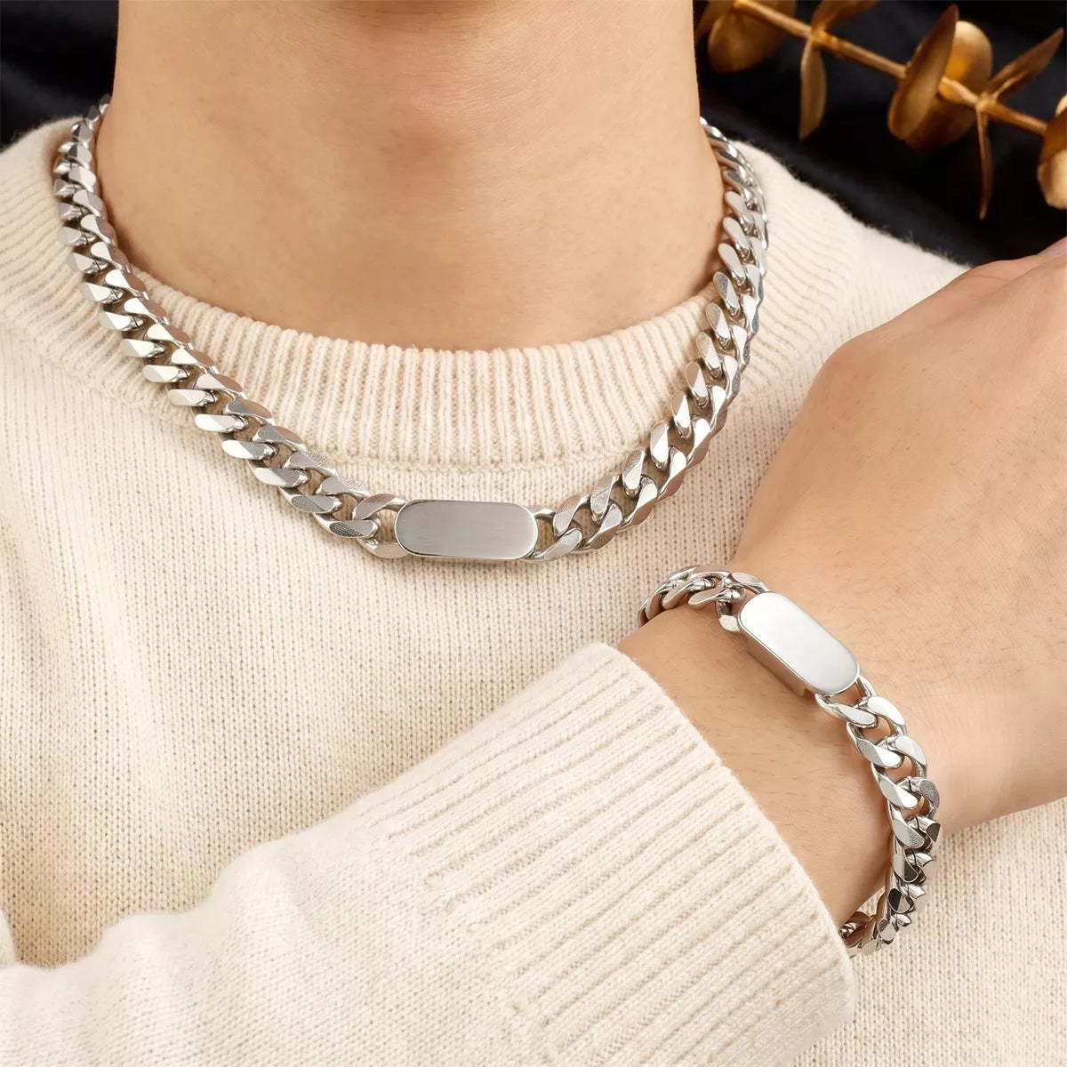 Stainless Steel Bar Chain Necklace and Bracelet Set in Silver - women's chain necklace