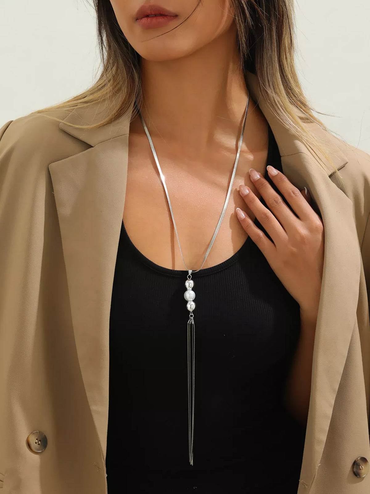 Alloy Silver-Plated Bead Tassel Necklace - alternate necklace view