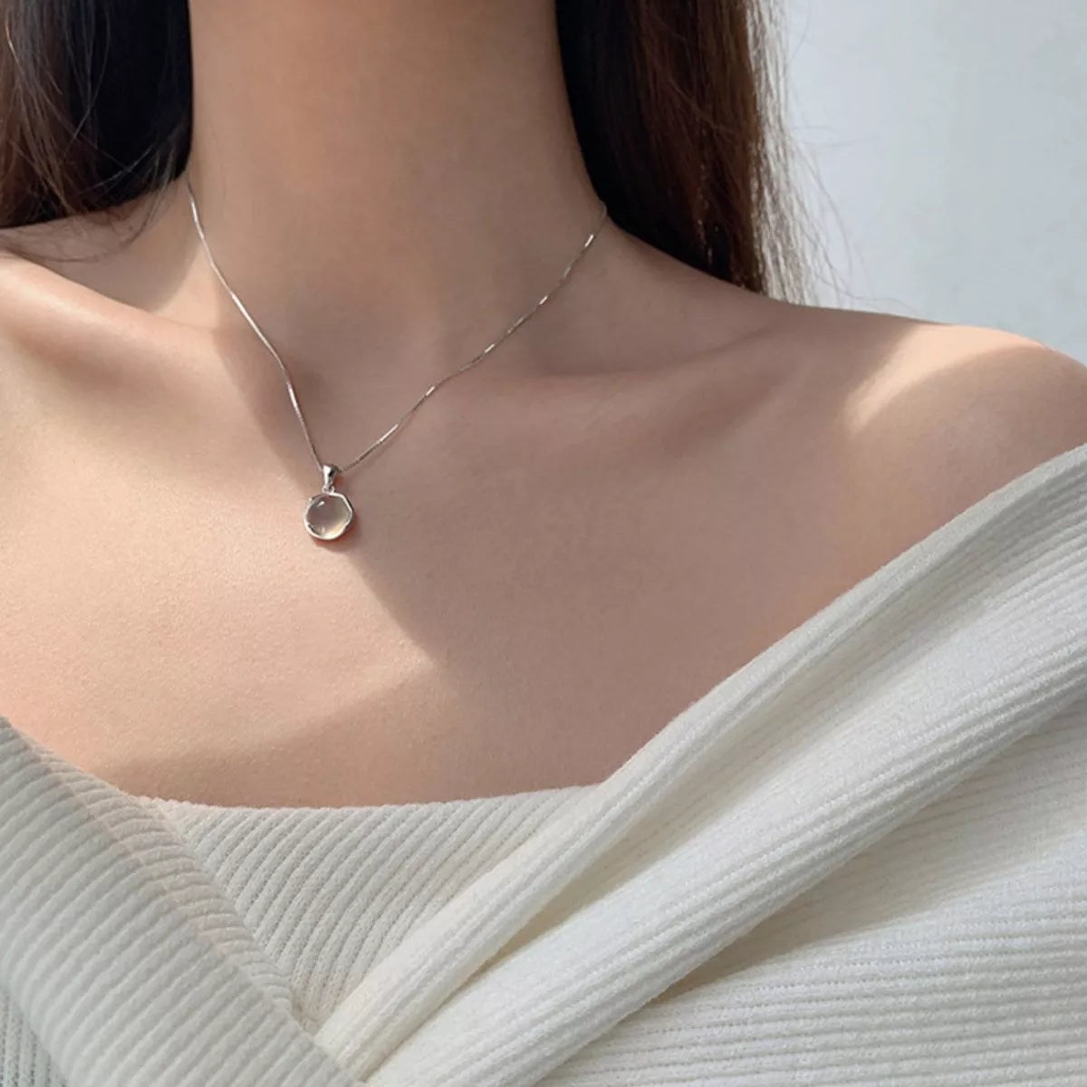 Sterling Silver Cat's Eye Stone Pendant Necklace - alternate necklace view