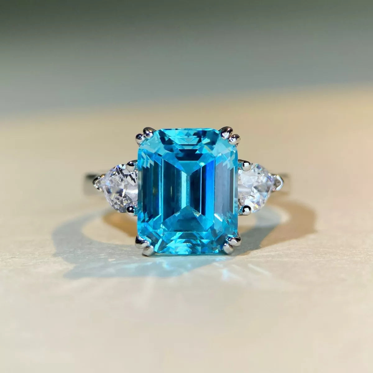 Sterling Silver Zircon Geometric Ring in Pastel Blue - women's ring