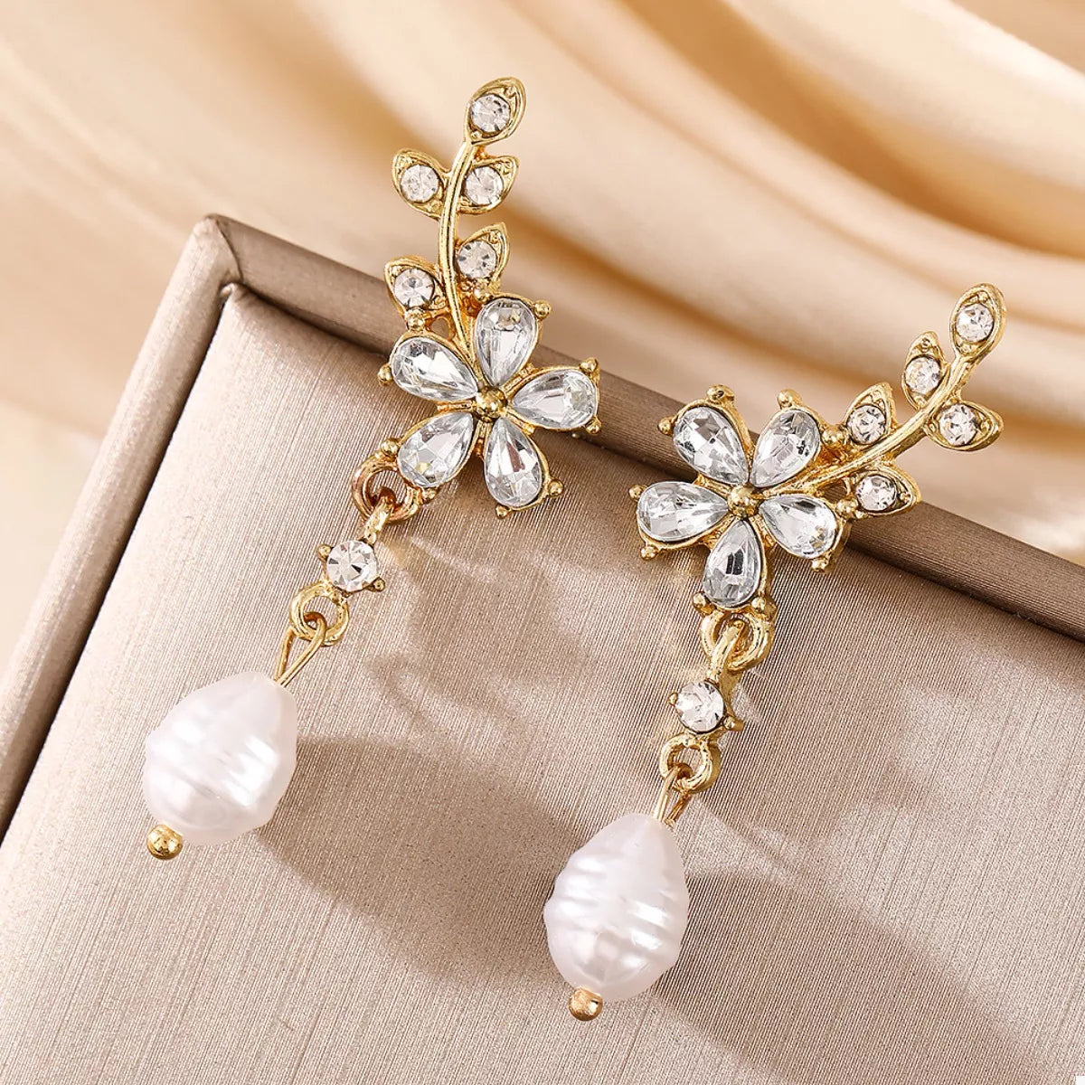 Flower Pearl Drop Earrings - alternate earring view