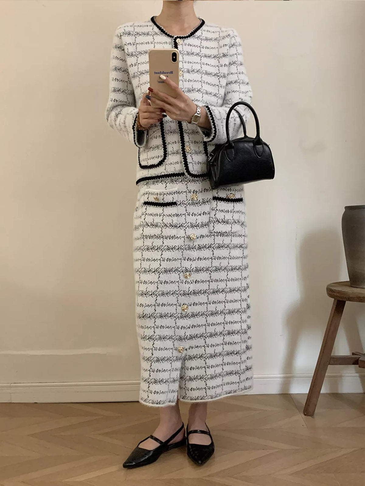 Tweed Contrast Trim Jacket and Skirt Set - alternate view
