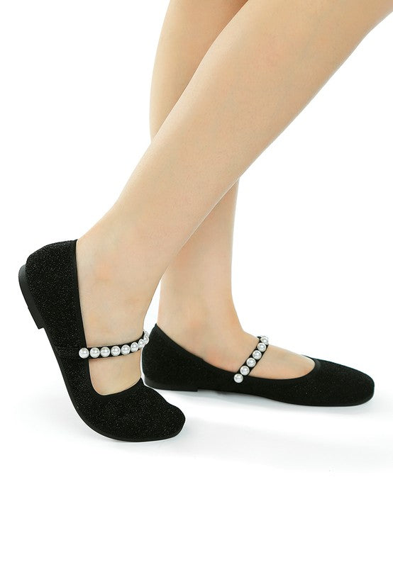 Pearl Strapped Glitter Ballerinas