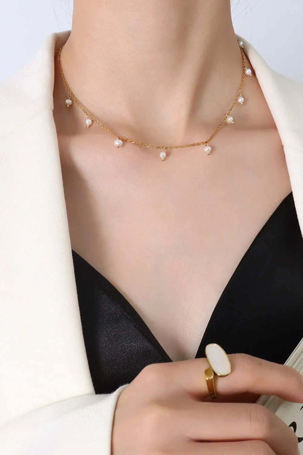 18K Gold-Plated Titanium Steel Pearl Necklace - alternate necklace view