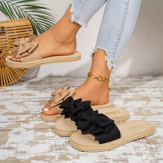 Bow Open-Toe Flats Sandals in Black - women's flat sandals