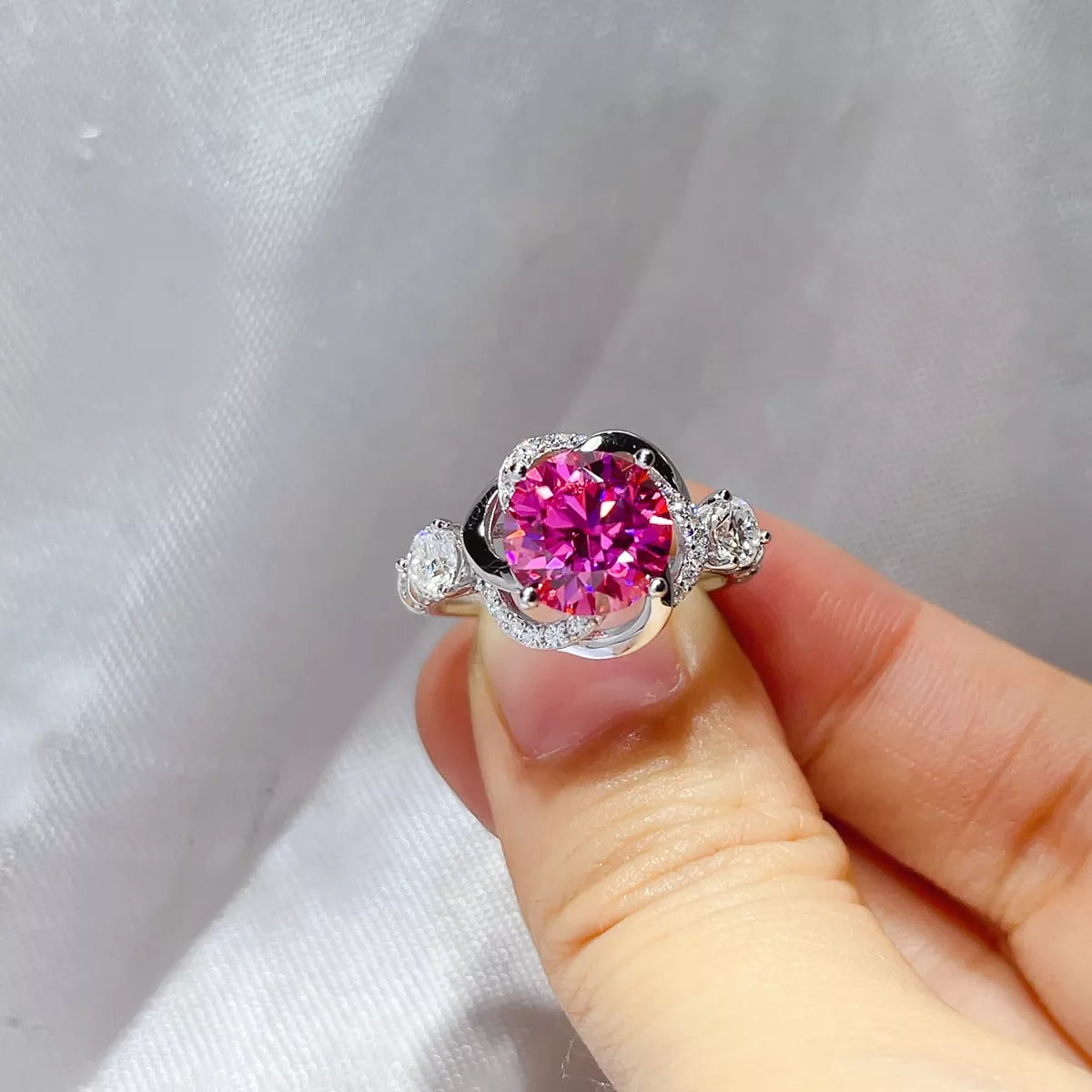 3 Carat Sterling Silver Moissanite Ring in Hot Pink - women's ring